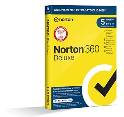 Norton 360 Deluxe 2024, Antivirus per 5 dispositivi, Licenza di 15 mesi con rinnovo automatico, PC, Mac, tablet e smartphone