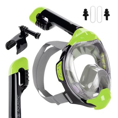 AQUASTIC Kai Masque de Plongée avec Tuba Taille L/XL Vision Complète 180° Système de Circulation d'air Collier Inférieur en Silicone Valve Anti-Vapeur Vitre en Polycarbonate Couleur Vert