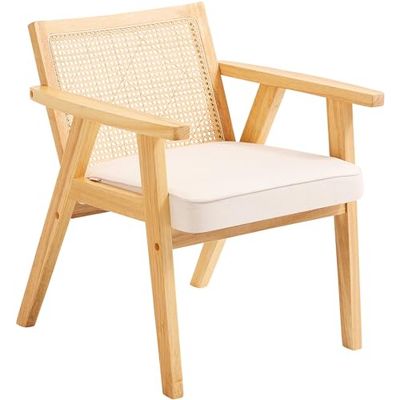 VEVOR Rattan Chair, Mid Century Modern Dining Chair with Armrest, Upholstered Chair with Rattan Back, Retro Rattan Dining Room Kitchen Chair for Living Room, Bedroom, Reading Room, and Office, Beige