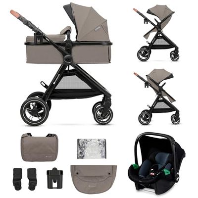 Kinderkraft ESME Mink Pro I-Size 3-in-1 autostoel met draagzak, reissysteem, babybuggy, opvouwbare kinderwagen, voor pasgeborenen tot 4 jaar, beige