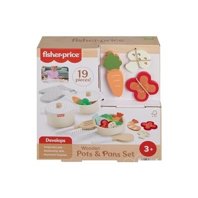Fisher-Price Coffret Marmites et Casseroles en Bois pour Jeu d’Imitation, 19 pièces en Bois, pour Enfants de 3 Ans et Plus, HXT83