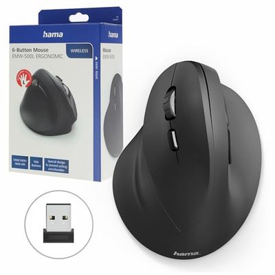Hama EMW-500L Souris Verticale Ergonomique sans Fil - Technologie 2.4Ghz, Capteur 1800 dpi, Technologie Smart-Link, Gaucher/e - Noire