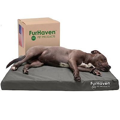 Furhaven Large Memory Foam Dog Bed Water-Resistant Indoor/Outdoor Logo Print Oxford Polycanvas Mattress w/Removable Washable Cover - Stone Gray, Large