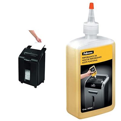 Fellowes distruggi documenti ibrido a miniframmento 100M, 100 fogli, cestino da 23 litri + Olio Lubrificante per Distruggidocumenti, 355 ml