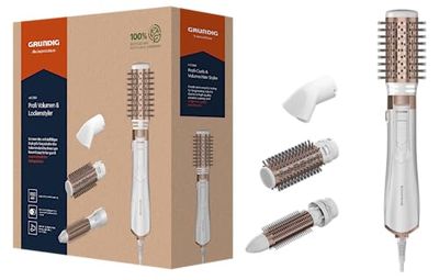 GRUNDIG HS 7280 - Stilo volumico e arricciacapelli, 1200 W, funzione ionica, 4 accessori per lo styling, rivestimento in ceramica di alta qualità, 2 livelli di temperatura e flusso d'aria, livello