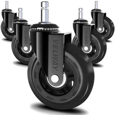 Velway Set of 5 Universal Office Chair Castors - 11 x 22 mm, Quiet, Scratch-Free, 3 Inch Swivel, Black