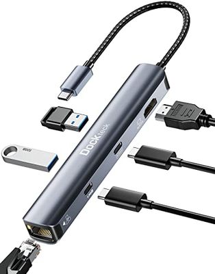 Adattatore USB C Hub 6-in-1 HDMI 4K 60Hz, Dockteck USB Tipo C Hub Dongle con HDMI, 1Gbps Ethernet, 100W PD, USB-C Data Port, 2 USB 3.0 per MacBook Pro/Air, iPad Pro/Air, iPad Mini 6, Steam Deck