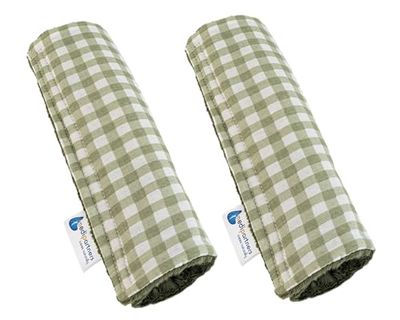 Medi Partners Protège Ceinture Enfant 2 Pièces Coussin de Sécurité Voiture Protege Kids 17x22cm 100% Coton Minky Cover Securite Auto Poussette pour Bebe Amovible (Grille avec Olive Minky)
