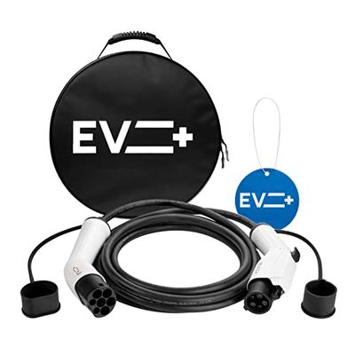 EV + Cable para Coche Eléctrico Tipo 1 SAE J1772 a Tipo 2, 5 Metros Cargadores de Coches Eléctricos EV PHEV, Cargador de Vehículo Portátil, Cable de Carga Monofásico 32A (7.2 kW) Negro, Estuche