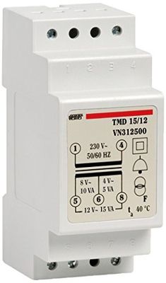 VEMER VN312500 TMD 15/12 Transformador de eletricidade de calha DIN para serviço descontínuo, ideal para campainhas, cioffones, alarmes, portas automáticas, 230 V/4-8-12 V, potência de 15 VA, branco