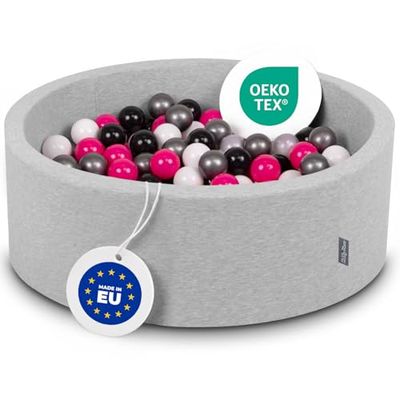 KiddyMoon Piscine À Balles pour Bébé Rond 90X30cm/200 Balles 7Cm Fosses À Boules Jouet Enfant, Gris Clair:Blanc/Noir/Argenté/Rose Foncé