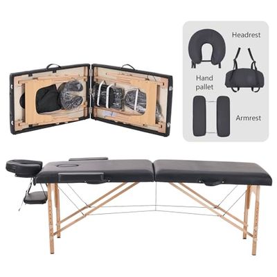 YOUNIKE Lettino Massaggio Portatile Pieghevole a 2 Zone in Legno Faggio 186x60 cm per Fisioterapia Portata 250 kg Altezza Regolabile Poggiatesta e Braccioli Rimovibili con Sacchetto per Polvere Nero