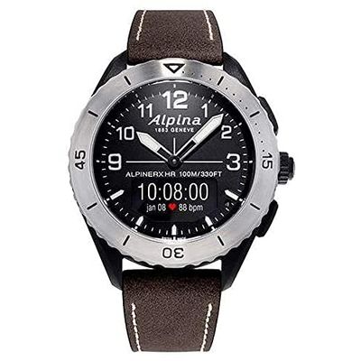 Alpina mäns analog digital kvarts klocka med läderarmband AL-284LBBW5SAQ6, svart, Rem