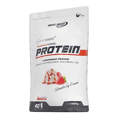 Best Body Nutrition Gourmet Premium Pro Protein, Crème de fraise, Shake protéiné à 4 composants: Caséinate, concentré de whey, isolat de whey, protéine d'œuf, sachet zippé de 1 kg
