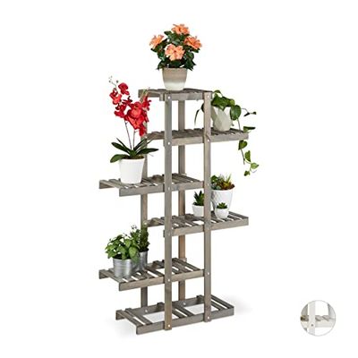 relaxdays Fleurs, Étagère Bois, Escalier Plantes, 5 Niveaux, intérieur, 125x81x25cm, Shabby, Gris, 125 x 81 x 25 cm