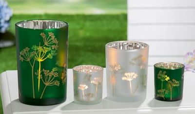 Pack of 8 Lantern, Dandelion motif, Floral pattern, Glass, green, silver colored, PU 8, 2 assorted, H. 13 cm, D. 10 cm