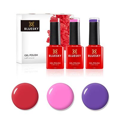 Ensemble de vernis à ongles BlueSky Gel, collection de 10 ans, ensemble 1, 3 x 5 ml, rose, violet, rouge (nécessite un durcissement sous UV ou lampe à LED)