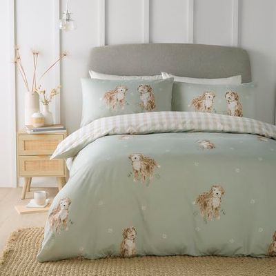 Fusion - Hattie The Cockapoo Duvet Cover - Double Bedding Size (200 x 200cm) - Reversible Designs (Gingham) - 2 Pillowcases - Green Bedding with Dogs - Checkered/Plaid Duvet Cover in Natural