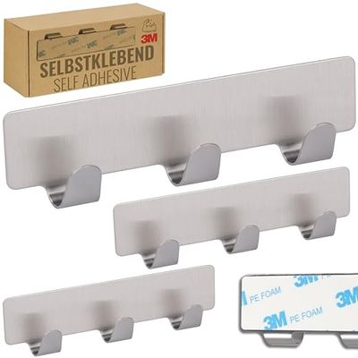 RICOO Ganchos Adhesivos Para Pared, MH020-3, Acero Inoxidable, 12 x 3 x 1,7 cm, Juego de 3, Plateado