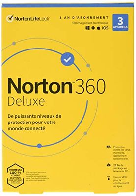 Symantec Norton 360 Deluxe - Version boîte (1 an) - 3 périphériques, Espace de Stockage de Cloud 25 GB - Mass Market - Win, Mac, Android, iOS - français