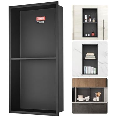 VEVOR Niche Encastrable Salle de Bain 33,02x63,5 cm Niche Douche Murale Double Étagère Acier Inoxydable 304 Scellée Étanche Facile à Nettoyer Moderne pour Stockage de Savon Douche Salle de Bains, Noir