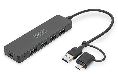 DIGITUS Concentrateur USB - 4 Ports - USB 3.0-4X USB-A - 1x USB-C Prise d'alimentation - jusqu'à 5 Gbit/s - Adaptateur USB-A vers USB-C Inclus - Longueur de câble 0,2m - Slim Line - Noir