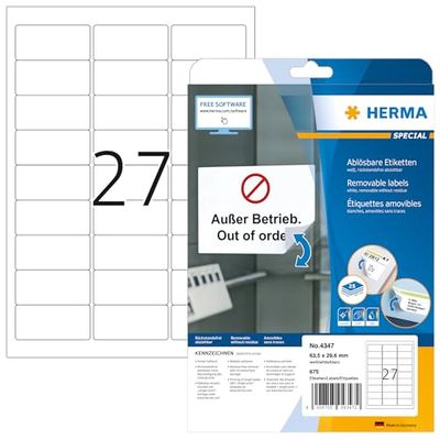 HERMA Self Adhesive Removable Labels, 27 Labels per A4 Sheet, 800 Sheets, 63.5 x 29.6 mm, 21600 Labels, Blank Multipurpose Labels Stickers, Sticky Labels for Laser & Inkjet Printer, White