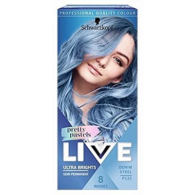 Schwarzkopf LIVE Pretty Pastels Denim Steel Semi-Permanent Hair Dye P121, Temporary Hair Dye Lasts for up to 8 Washes, Pretty Pastel Hair Colour for Full head, Ombré or Highlights
