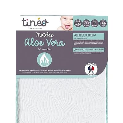 Tinéo – Colchón de bebé 60 x 120 x 10 cm Aloe Vera – Colchón de Piel Sensible – Propiedades antibacterianas – Anti alérgenos calmantes – Tratamiento Natural – Densidad 20 kg/m3 – Fabricado en Francia