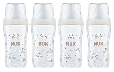 NUK Perfect Match Babyflessenset, vanaf 3 maanden, past zich aan de baby aan, temperatuurcontrole, anti-kolic, 260 ml, BPA-vrij, siliconen drinkzuiger, medium, regenboog, 4 stuks
