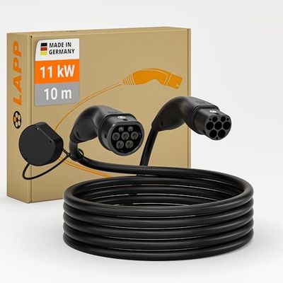 LAPP MOBILITY 11KW Cable Recharge Voiture Electrique 10m Type 2 Cable Charge Voiture - IP55 Résistant à l'eau Cable Type 2 11KW 20a - Câble Recharge Type 2 Mode 3 - Noir - Fabriqué en Allemagne