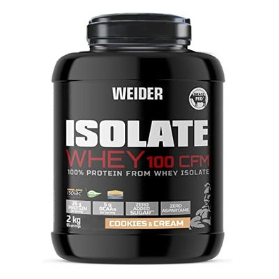 Weider Isolate Whey 100 CFM. Goût Cookies & Cream. Mélange protéines avec isolat de protéines de lactosérum. Prise de masse musculaire. Sans aspartame. Faible teneur en sucre. 2kg