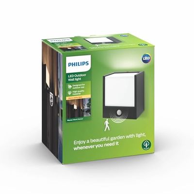 Philips myGarden Macaw, aplique LED com sensor de movimento, iluminação LED para exterior LED, 3 W, luz branca quente, IP44, cor preta