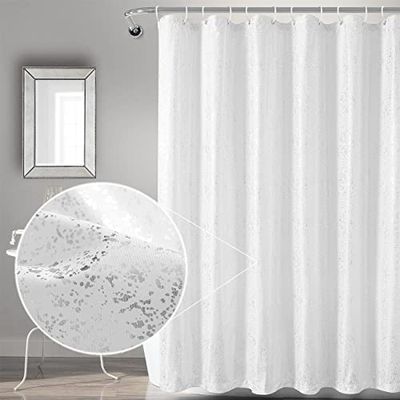 TERLYTEX Silver White Shower Curtain Set - Metallic Silver Foil Sparkle Dots Print Soft Fabric Shower Curtain 72 Inch Length 12 Hooks Included, Grommet Shower Curtain, 72 x 72 Inch, Silver White