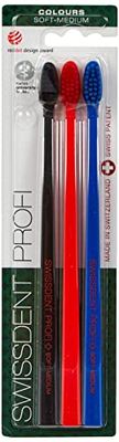 Swissdent Profi Colours - Spazzolino da denti Trio (Confezione da 3) morbido, colore: Nero/Rosso/Blu