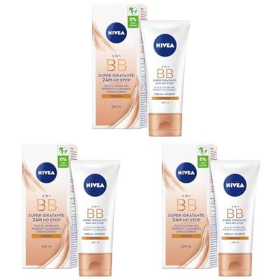 NIVEA ESSENTIALS BB Cream Super-Idratante 24H No Stop 50 ml, Crema Giorno SPF15 Uniformante, Crema viso Pigmentata, Crema Idratante con Olio di Jojoba Bio e Minerali (Confezione da 3)