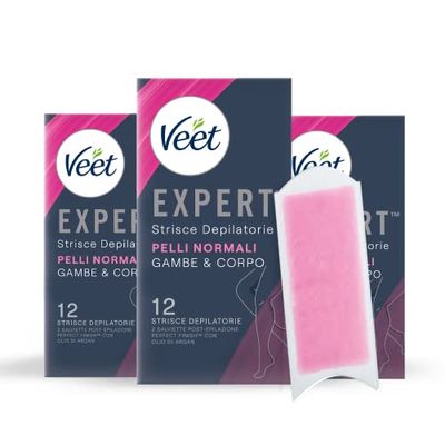 Veet Expert Strisce Depilatorie Gambe e Corpo, Ceretta per Pelli Normali con Burro di Karitè, Dermatologicamente Testate, 36 Strisce (18x2 Strisce) + 6 Salviette Post-Epilazione con Olio D'Argan