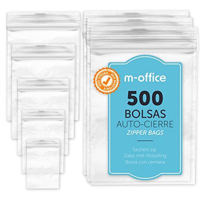 Bolsas con Cierre Hermético, Bolsas Zip de Plástico Transparentes Ideales para Congelar Alimentos, Guarda Documentos, Bolsas Reutilizables y de Conservación · m-office (70x100mm, 500unds)
