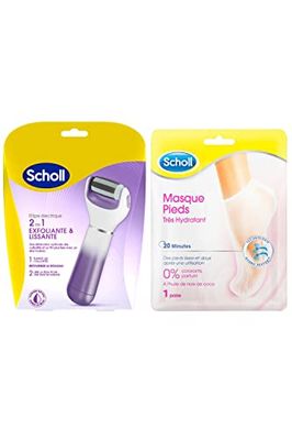Scholl Routine Pieds Doux : Râpe Pieds électrique Rouleau Exfoliant et Lissant et Masque Pieds Très Hydratant Huile de Noix de Coco