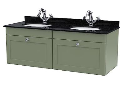 nuie CLC894BR2 Classique Wall Hung 2 Drawer Unit & 1 Tap Hole Double Marble Top with Round Basin, 1200mm, Satin Green/Black