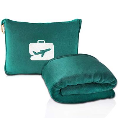 EverSnug Coperta da viaggio e cuscino, coperta 2 in 1, morbida e di alta qualità, con federa morbida, cintura per bagaglio a mano e clip per zaino (verde acqua)