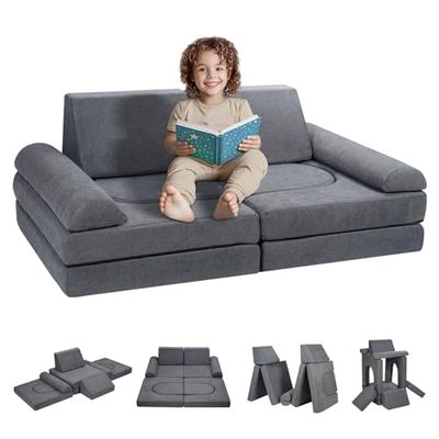 VEVOR Canapé enfant convertible ludique, 10 pcs, fauteuil pour enfants sectionnel en tissu chenille avec housse amovible, éponge 25D haute densité, meuble de salle de jeux pour sommeil, lecture, gris
