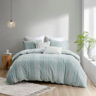 INK+IVY Kara 100% bomullstäcke 50-tal modern rand jacquarddesign omvänd till diamanttryck, täckesskydd för alla årstider, matchande örngott, full/drottning (223 x 233 cm), aqua 3 delar