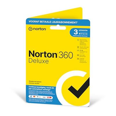 Norton 360 Deluxe 2024, antivirussoftware, internetbeveiliging, 3 Apparaten, 1 Jaar abonnement met automatische verlenging, Secure VPN en Password Manager, PCs, Macs, tablets en smartphones, envelop