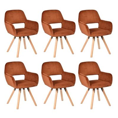 MEUBLE COSY Lot de 6 Chaises de Salle à Manger Pivotant Fauteuil Coiffeuse Rembourrée en Velours Côtelé Pieds en Bois Massif pour Cuisine Salon Chambre Bureau, Rouge