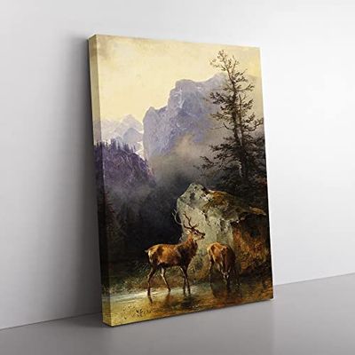 Friedrich Gauermann Deer And Stag Classic Painting Canvas Wall Art Print Ready to Hang, Framed Picture for Living Room Bedroom Home Office Décor, 76x50 cm (30x20 Inch)