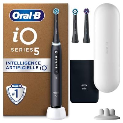 Oral-B iO 5 Brosse À Dents Électrique Noire, Un Capteur De Pression Pour Protéger Les Gencives, Les Dents Sensibles, Des Accessoires, 1 Brossette Douce, 1 Chargeur, 1 Étui De Voyage, Emballage Carton