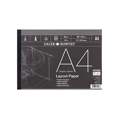 Daler-Rowney Graphic Series 45gsm A4 Layout Paper Pad Glued 1 Side, 80 White Sheets, Ideal for Professional Artists & Students