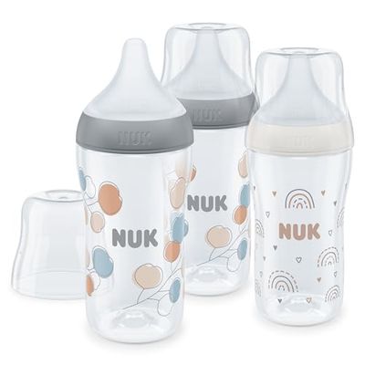 NUK Perfect Match Zestaw butelek dla niemowląt, 3+ miesięcy, pasuje do podniebienia, regulacja temperatury, odpowietrznik antykolkowy, 260 ml, bez BPA, silikonowy smoczek M, tęczowy i gałąź, 3 sztuki
