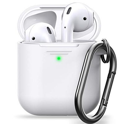 Keybudz PodSkinz AirPods Case Elevate [Front LED Visible] Protective Silicone Cover Compatible with AirPods 1 & AirPods 2 (Gen 2) (with Carabiner, White)